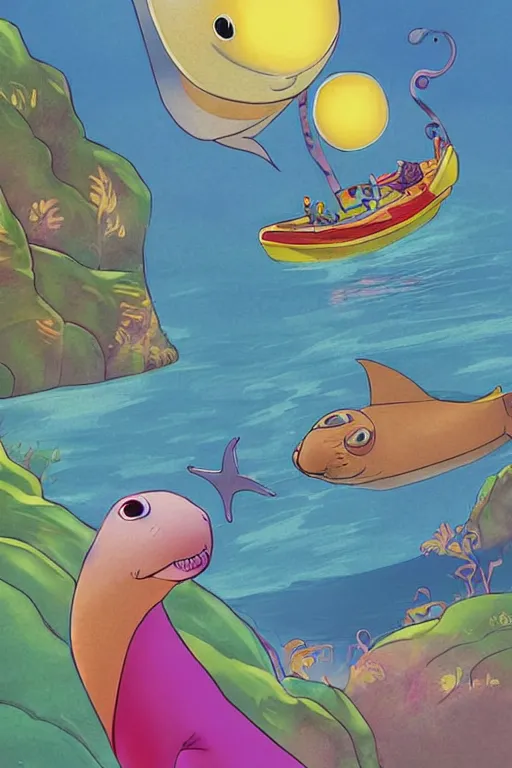 Prompt: illustration for a story that reads : there once was a sea lion, as sleek as could be, who went to the mall with his family. he got some new clothes and a treat, and then it was time to go back to the beach., colorful, fantasy, pixar, childrens book illustration, sharp high detail, manga and anime ( 8 )