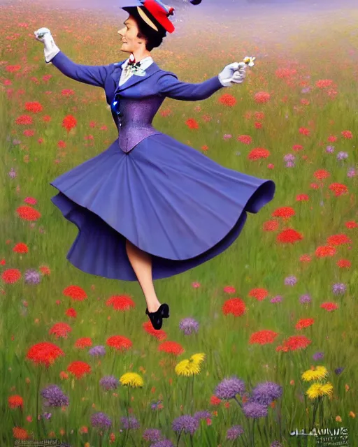 Image similar to Julie Andrews Mary Poppins from Disney 1964 dancing in a field full of flowers, wide-angle shot, D&D, fantasy, intricate, elegant, highly detailed, digital painting, artstation, concept art, matte, sharp focus, illustration, hearthstone, art by Artgerm and Greg Rutkowski and Alphonse Mucha