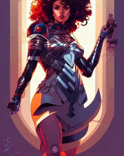 Image similar to artgerm, joshua middleton and sandra chevrier comic cover art, full body pretty female paladin, symmetrical eyes, long curly hair, beautiful, rim lighting, vivid colors