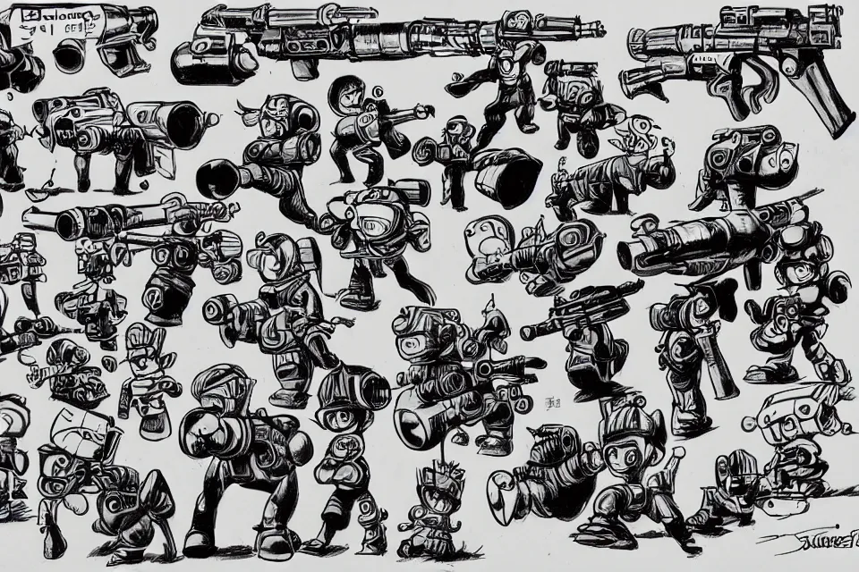 Prompt: concept sketches of supersoaker bazookas by jamie hewlett, in the style of megaman