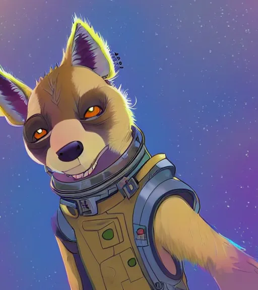Image similar to digital detailed art of furry female hyena, in style of zootopia, fursona, furry, furaffinity, deviantart, wearing astronaut outfit, floating in space, space background, cyberpunk, detailed face, style of artgerm,