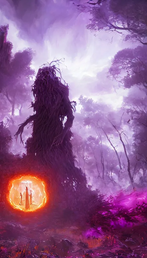 Image similar to a future scifi ancient god on the middle of a purple forest holding a portal that's about to explode, abandoned city with graffiti, sweat drops, insane, intricate, highly detailed, oil painting, smooth, sharp focus, Unreal Engine 5, 8K, art by Diego Velázquez