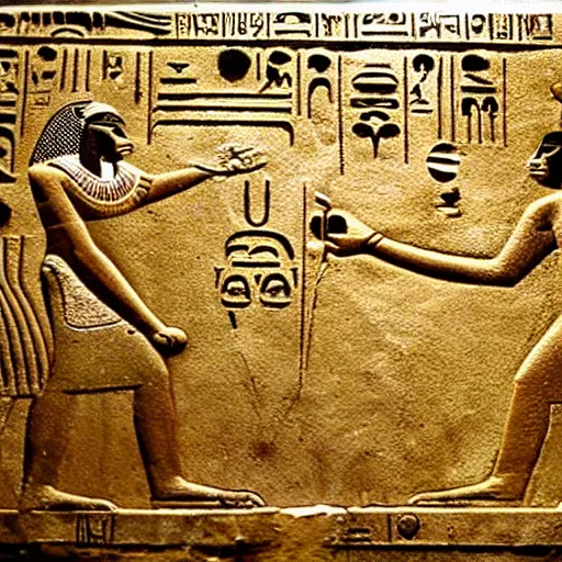 Prompt: ancient egyptian hieroglyphics with depiction of humans worshipping cats. high definition, gold plated, high contrast.