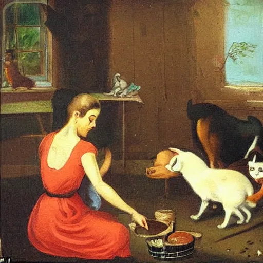 Image similar to an epic painting of a woman struggling to feed five cats in a small