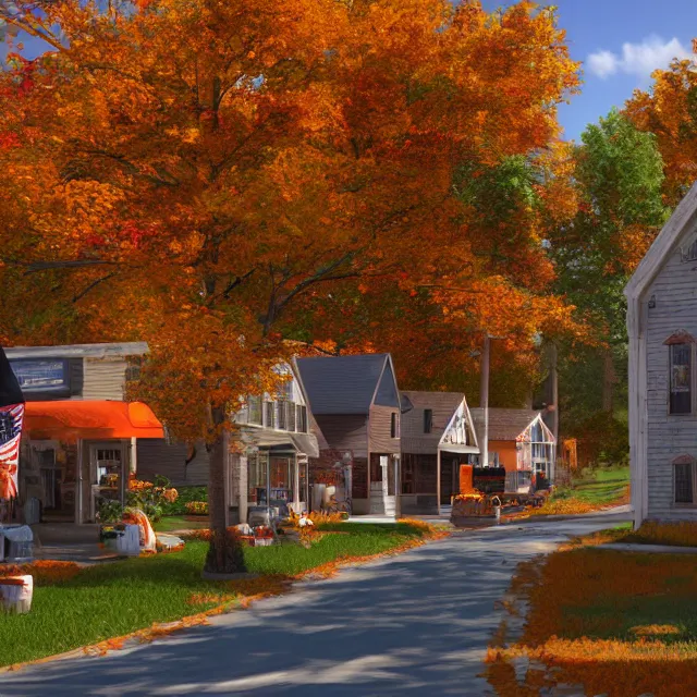 Image similar to small new england town with shops and pumpkins, maple trees with fall foliage, volumetric, realistic, cinematic lighting, ray tracing, unreal engine 5, octane render, hyper realistic, photo, 8 k