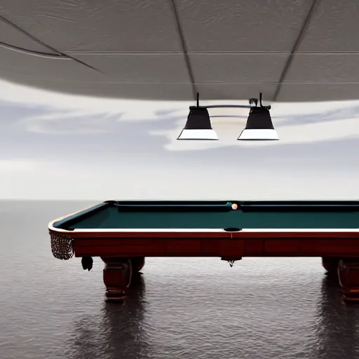 Image similar to a large billiards table in a small dingy floating on the ocean. extremely high detail. the sloop is on the ocean. the weather is bad and cloudy. professional lighting. 8 k