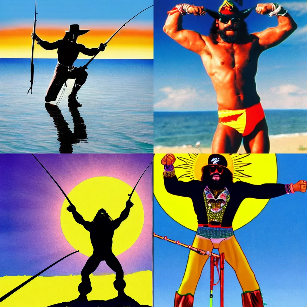 Prompt: Macho man randy savage riding on the sun with a fishing rod and the sun has sunglasses