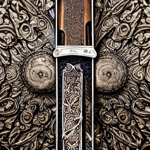 Image similar to a photograph of the sword of omens. Intricate details. 8K