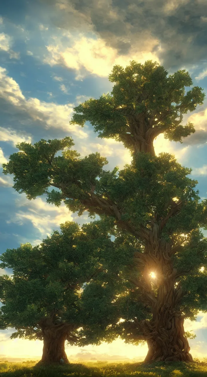 Prompt: a gigantic oak reaching the sky, detailed clouds, sunbeams, heavenly color scheme, unreal engine