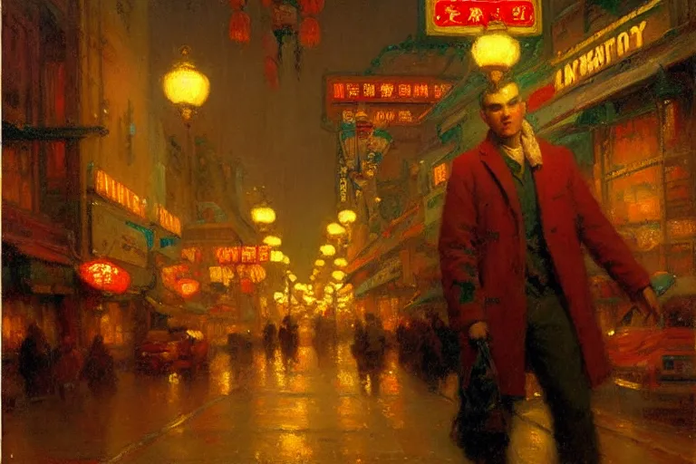 Image similar to winter, attractive male, neon light, chinatown, painting by gaston bussiere, craig mullins, j. c. leyendecker