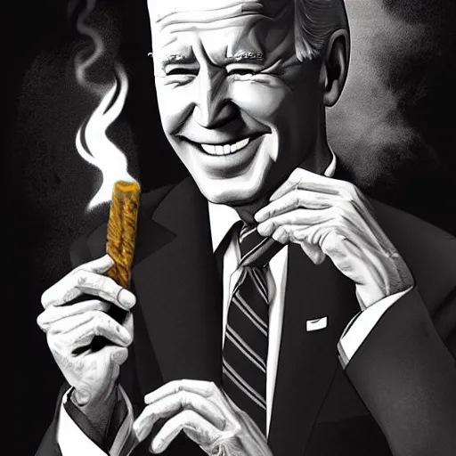 Prompt: joe biden smoking a rolled marijuana joint, amazing detail, digital art, artstation