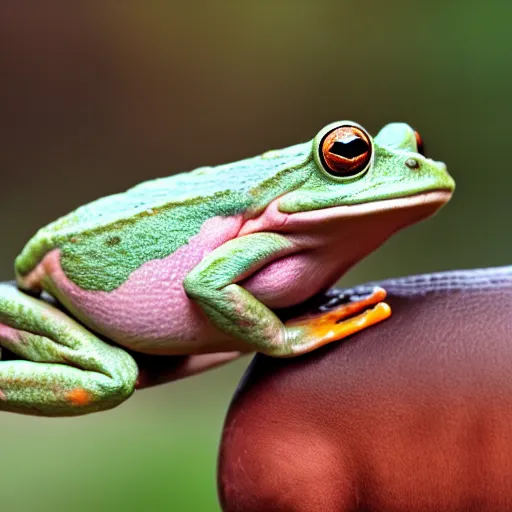 Prompt: frog riding a pig photo