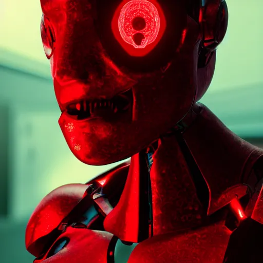 Prompt: an evil robot neural network denchinet, red eyes, hacking humans, detailed portrait,, 4 k, octane render, hd,