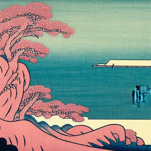Prompt: pink beach by katsushika hokusai .
