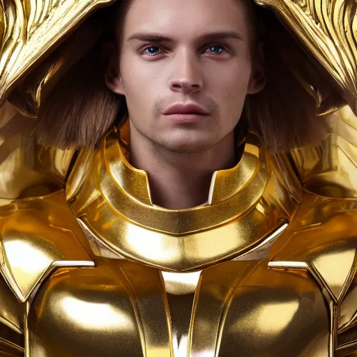 Image similar to A radiant, extreme long shot, photo of a 27-year-old Caucasian male wearing the Gemini Gold Armor, Beautiful gold Saint, Jaw-Dropping Beauty, gracious, aesthetically pleasing, dramatic eyes, intense stare, immense cosmic aura, from Knights of the Zodiac Saint Seiya, inside the Old Temple of Athena Greece,4k high resolution, Detailed photo, attention to detail, hyper detailed, ultra detailed, octane render, arnold render, Photoshopped, Award Winning Photo, groundbreaking, Deep depth of field, f/22, 35mm, make all elements sharp, at golden hour, Light Academia aesthetic, Socialist realism, by Annie Leibovitz