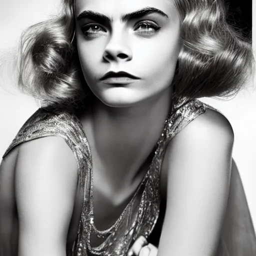 Prompt: photo of a gorgeous 20-year-old Cara Delevingne with 1930s hairstyle by Mario Testino, detailed, head shot, award winning, Sony a7R -