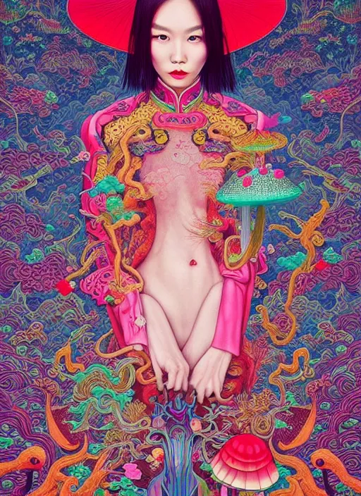 Image similar to pretty chinese model with hallucination mushroom : : by martine johanna and simon stalenhag and chie yoshii and casey weldon and wlop : : ornate, dynamic, particulate, rich colors, intricate, elegant, highly detailed, vogue, harper's bazaar art, fashion magazine, smooth, sharp focus,