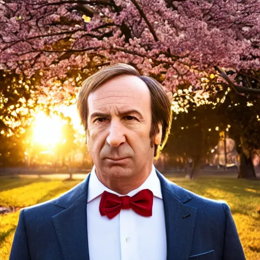 Image similar to saul goodman portrait picture by stefan kostic, golden hour, perfect symmetry, realistic, body shot, sharp focus, 8 k high definition, insanely detailed, intricate, elegant, cherry blossoms