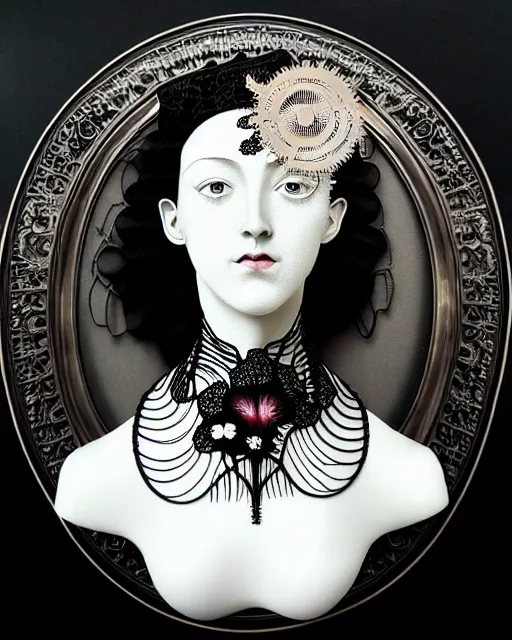 Image similar to masterpiece monochrome profile portrait painting, dutch masters, silver lace floral steampunk biomechanical beautiful one techno eye young female cyborg, big monocular, volumetric light, leaves foliage and stems, hibiscus flowers, by man ray, rim light, big gothic fashion pearl embroidered collar, 8 k