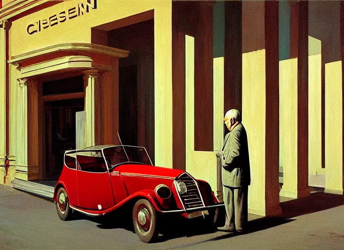 Image similar to aslouchy elegant old man with stands at citroen ds 1 9 in grim rome, highly detailed, soft lighting, elegant, by edward hopper and james gilleard, zdzislaw beksinski, steven outram, highly detailed