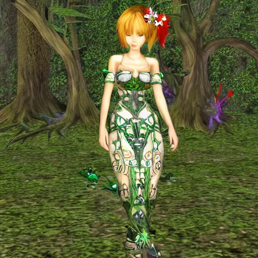 Prompt: cute female forest spirit wearing ornate floral cybernetic hungarian valentino resort dress in a 3 d psx ps 2 jrpg style, fighting fantasy monsters creatures, bright esoteric magical alien meadow ritual environment, fashion gameplay screenshot, highly detailed, atelier, xenogears