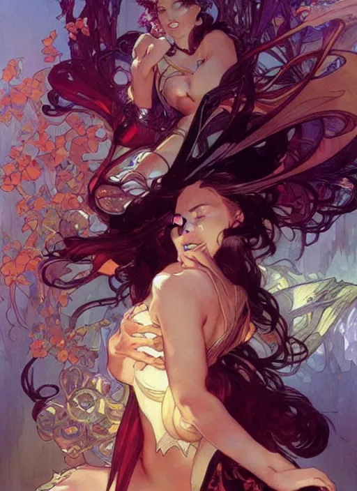 Prompt: romance book cover illustration art by peter andrew jones, artgerm, alphonse mucha, wlop. fantasy style, sharp focus!, ultra detailed,