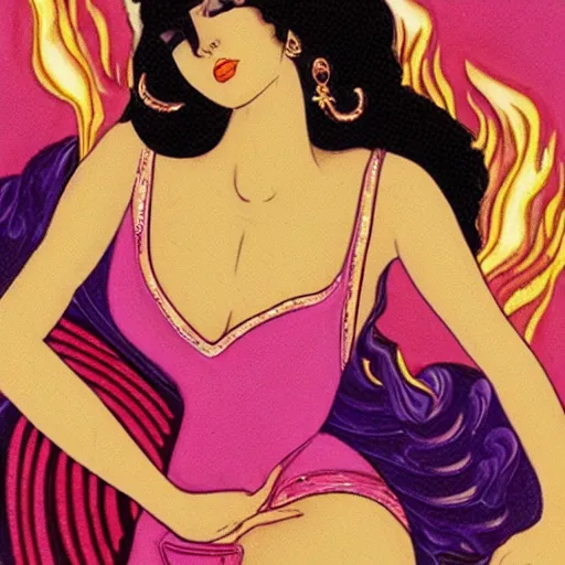Image similar to seductive goddess of sensuality majestically ascending in gold and white filagree into fiery pink clouds of yoni
