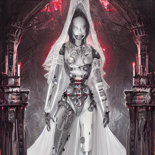 Image similar to female gothic robots with human organ and blood, dressed in white intricate lace, veils and jewels, epic environment, matte painting, diffused lighting, highly detailed, cinematic, epic atmosphere, digital art, trending on artstation, wide angle