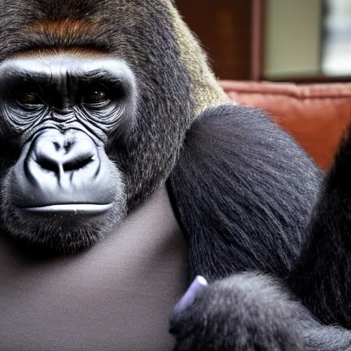 Image similar to middle-aged gorilla sits on a couch with an iPad, depressed, dull color