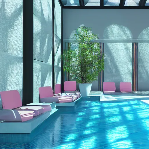 Image similar to a sunlit indoor lounge area with a pool with clear water and another pool with translucent pastel pink water, next to a big window, digital art