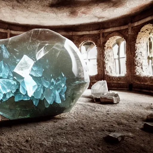 Image similar to a huge crystal with an human inside, placed in a mystic ruin