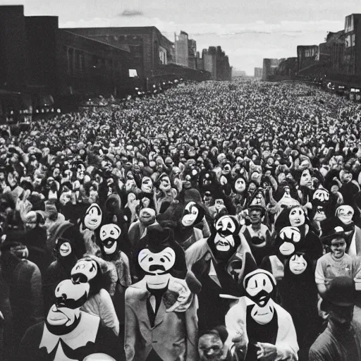 Image similar to an old black and white photo of a large crowd with distorted clown masks,