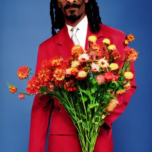 Prompt: Snoop Dogg holding a Vase of flowers for a 1990s sitcom tv show, epic lighting, Studio Photograph, portrait, C 12.0