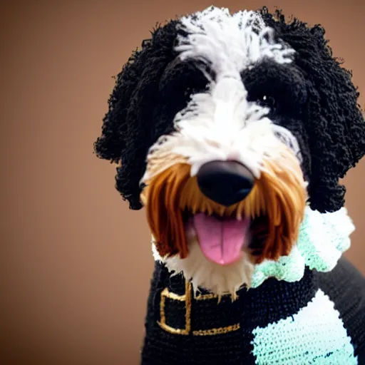 Image similar to a closeup photorealistic photograph of a cute smiling knitted bernedoodle judge dog dressed in a black gown, presiding over the courthouse. indoors, professional capture, well lit shot. this 4 k hd image is trending on artstation, featured on behance, well - rendered, extra crisp, features intricate detail, epic composition and the style of unreal engine.