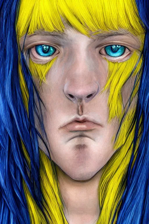 Prompt: a boy with long blue hair and yellow eyes, hyperrealistic, symmetrical, face portait, high coherence