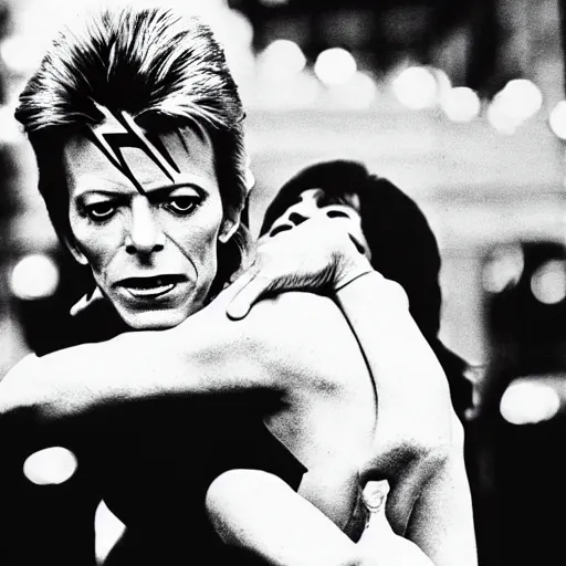 Image similar to david bowie from changes giving a piggy back ride to ziggy stardust. as a photograph with new york in the background