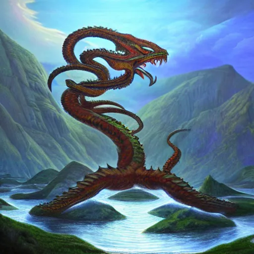 Prompt: a painting of a mythical hydra on lsd by james gurney, 8k unreal engine