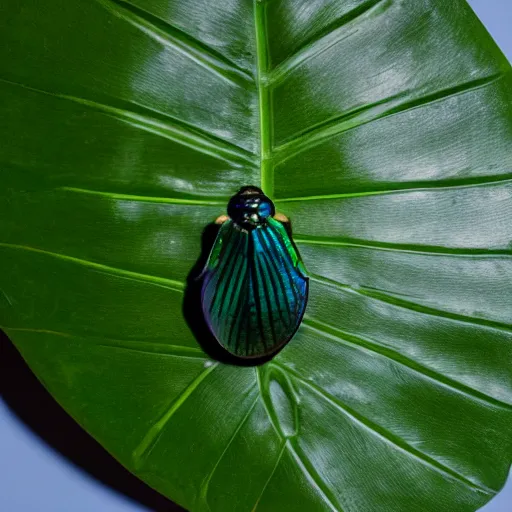 Prompt: an iridiscent scarab walking on top of a monstera leaf, 35mm, f1.8, realistic