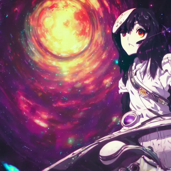 Image similar to close up of Albedo from overlord, close up of mamimi samejima from flcl, psychedelic background, epcot, inside a space station, eye of providence, female anime character, Ruan Jia, giygas