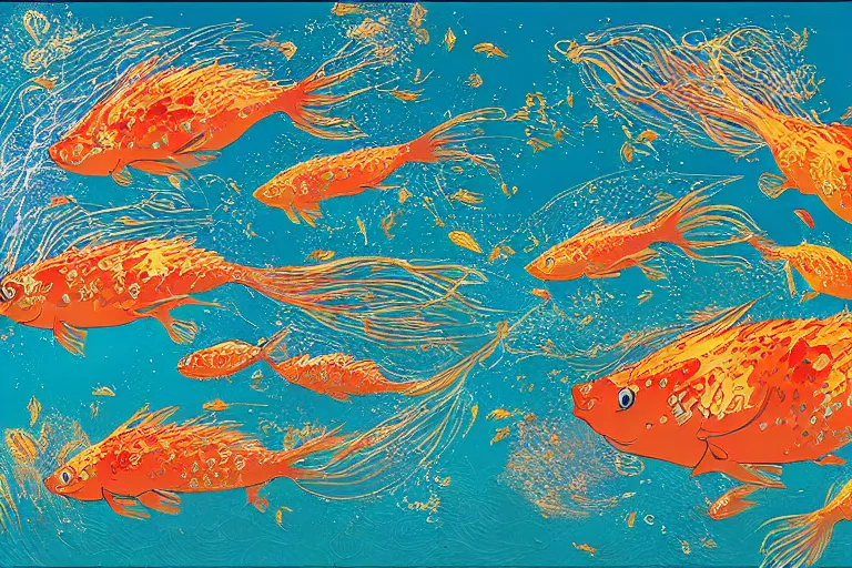 Image similar to portrait of goldfishes swarming the ocean. shadow and light. rays of light. energetic, dynamic, lively, detailed, intricate, complex. fine art by hayao miyazaki, akira toriyama, makoto shinkai, and ohara koson.