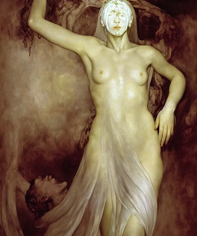 Image similar to Blind beautiful woman under the white veil wearing a white dress and covered with melted white candle wax, candle wax flowers and plants grow from her body, by Michelangelo da Caravaggio. Ilya Repin, Mikhail Vrubel, William Blake and Beksinski, dramatic volumetric lighting, full body portrait, highly detailed oil painting, 4k, masterpiece