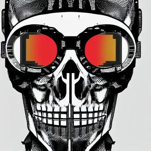 Image similar to a skull face with goggles in a cyberpunk aesthetic with the word pixel written above