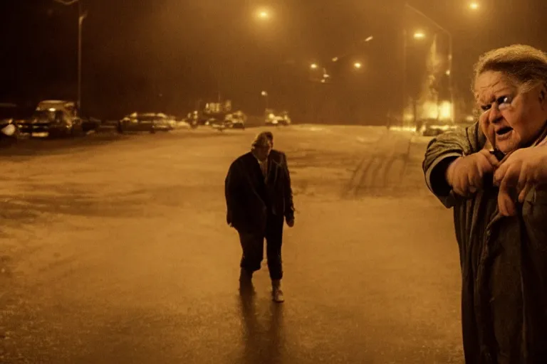 Image similar to a still of edgar savisaar, starring as a drunk man, dystopian, cinematic lighting, nighttime, rain