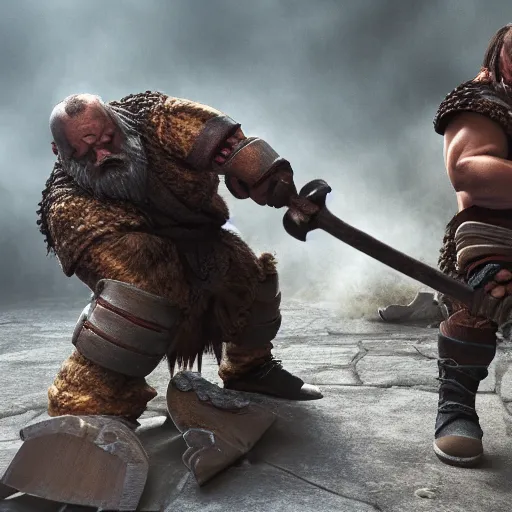 Image similar to a cinematic shot of a dwarf berserker swinging axes, fighting monsters, octane render, hyperreal, 8 k, detailed hands