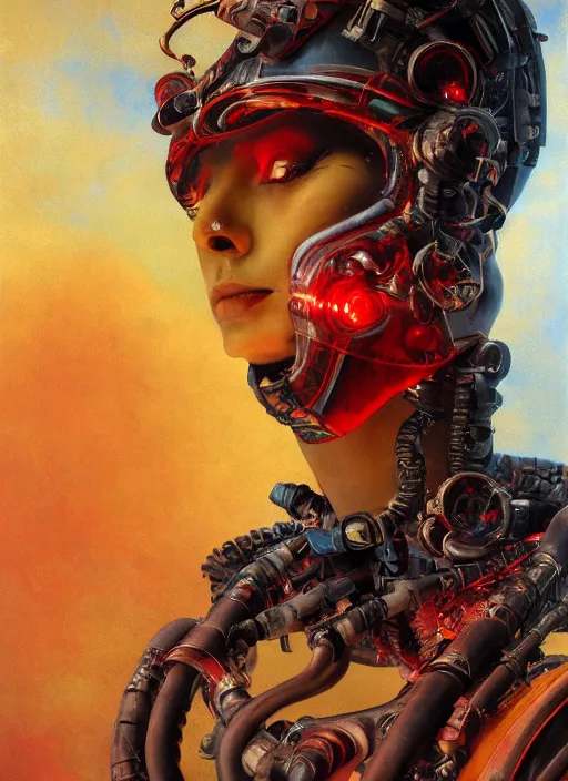 Prompt: ( symmetry ) closeup portrait of a stunning armored cyborg female pirate captain, strong cinematic light, backlight glow, red yellow, viscous smoke, ( ( ( ( realistic fluid simulation ) ) ) ), mist, by gerald brom, by mikhail vrubel, by peter elson, muted colors, extreme detail, trending on artstation, 8 k