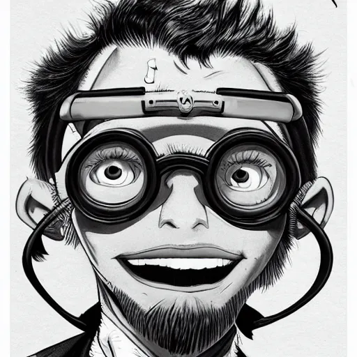 Image similar to a nerdy goth guy wearing goggles and eccentric jewelry by jamie hewlett :: full body character concept art, full body, detailed