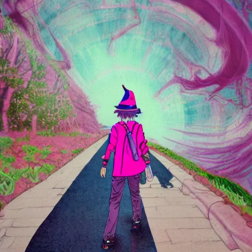 Image similar to a pink skinny anime boy wearing a small satchel and a pink witches hat walking through a psychedelic landscape