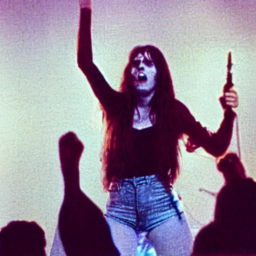 Image similar to 1 9 - year - old girl in a traditional doom metal band, new wave of british heavy metal, live in concert, live 1 9 8 6, united kingdom flags, union jack, playing electric guitar, headbanging crowd of longhairs, audience of longhairs, super 8 mm, grainy photo, colorized