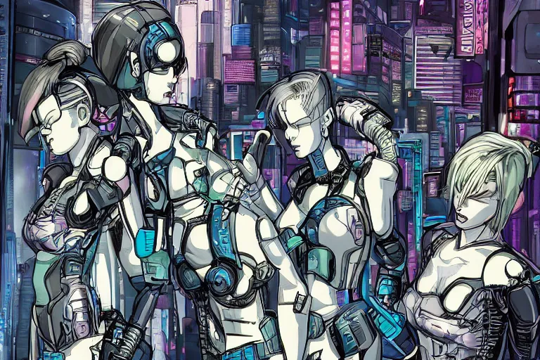 Image similar to a cyberpunk illustration of a group of female androids in style of masamune shirow, repairing each other after a huge battle. Many of the androids will not survive, hyper-detailed, intricate, view from above