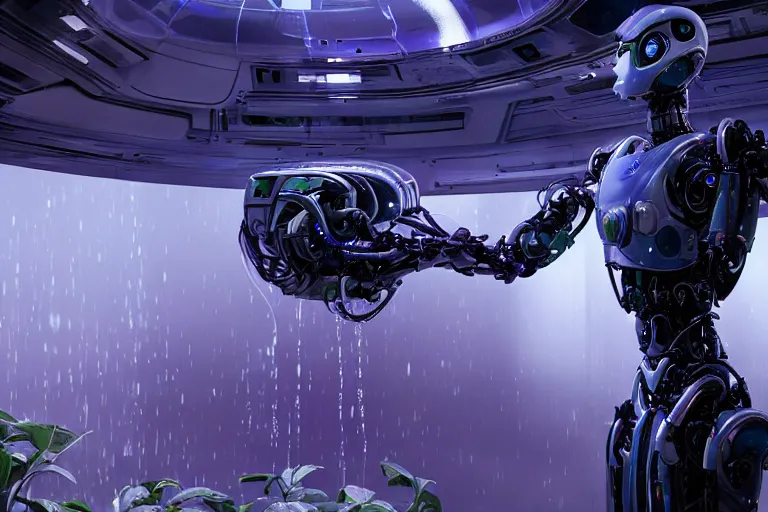 Image similar to androgynoid robot taking care of plants on the spaceship, 8 k, beautiful lighting, shallow depth of field, ultra realistic, hyper - detailed, sci - fi movie style, coherent composition, john harris